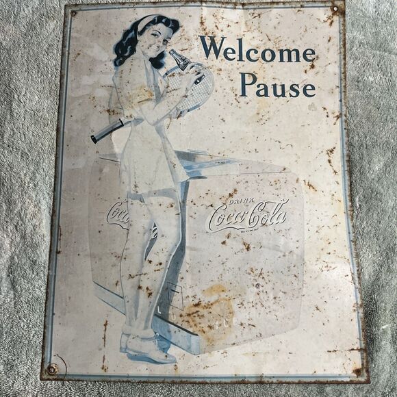 Vintage Welcome Pause Drink Coca-Cola Lady Tin Metal Sign 16" x 12 1/2" - Picture 1 of 9